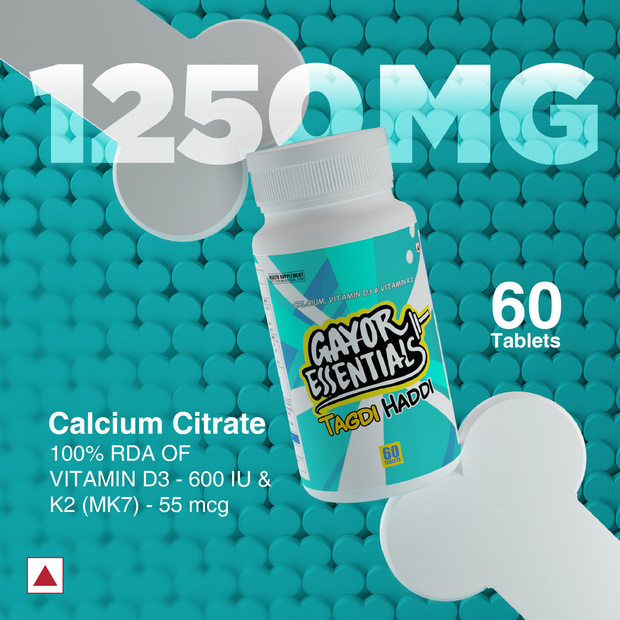Gayor Essentials Taggdi Haddi Calcium Formula | 1250mg Calcium | Vitamin D3 & K2