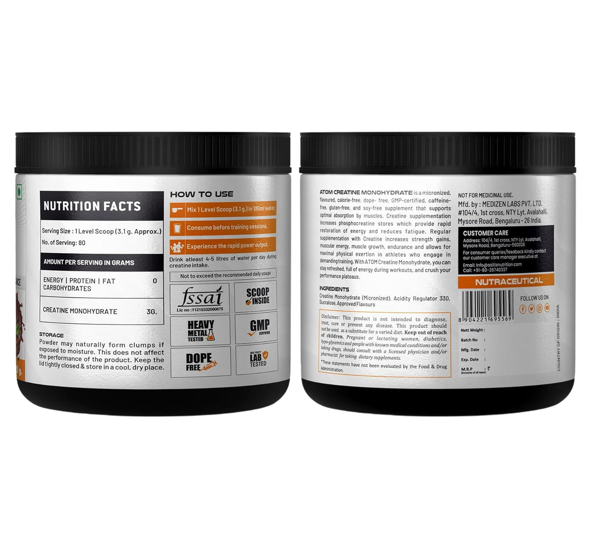 AS-IT-IS ATOM Creatine Monohydrate 250g - 80 Servings - Nutristar