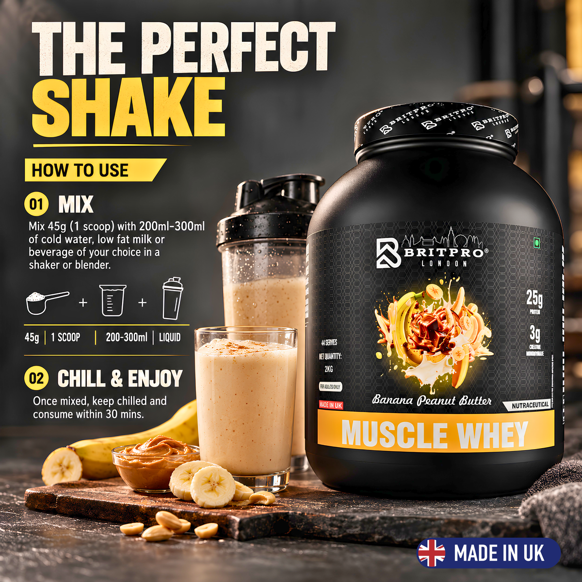 BRITPRO London Muscle Whey Protein Powder - 2kg | 44 Servings (INDIAN)