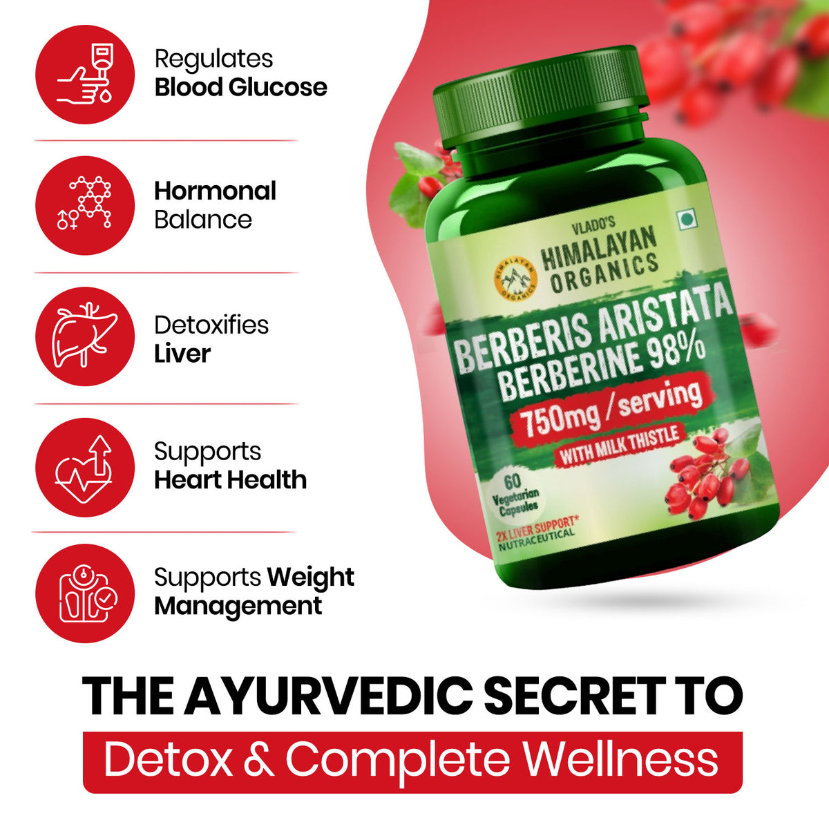 Vlado's Himalayan Organics, Berberine with Milk Thistle, 750mg - 60 Veg Capsules
