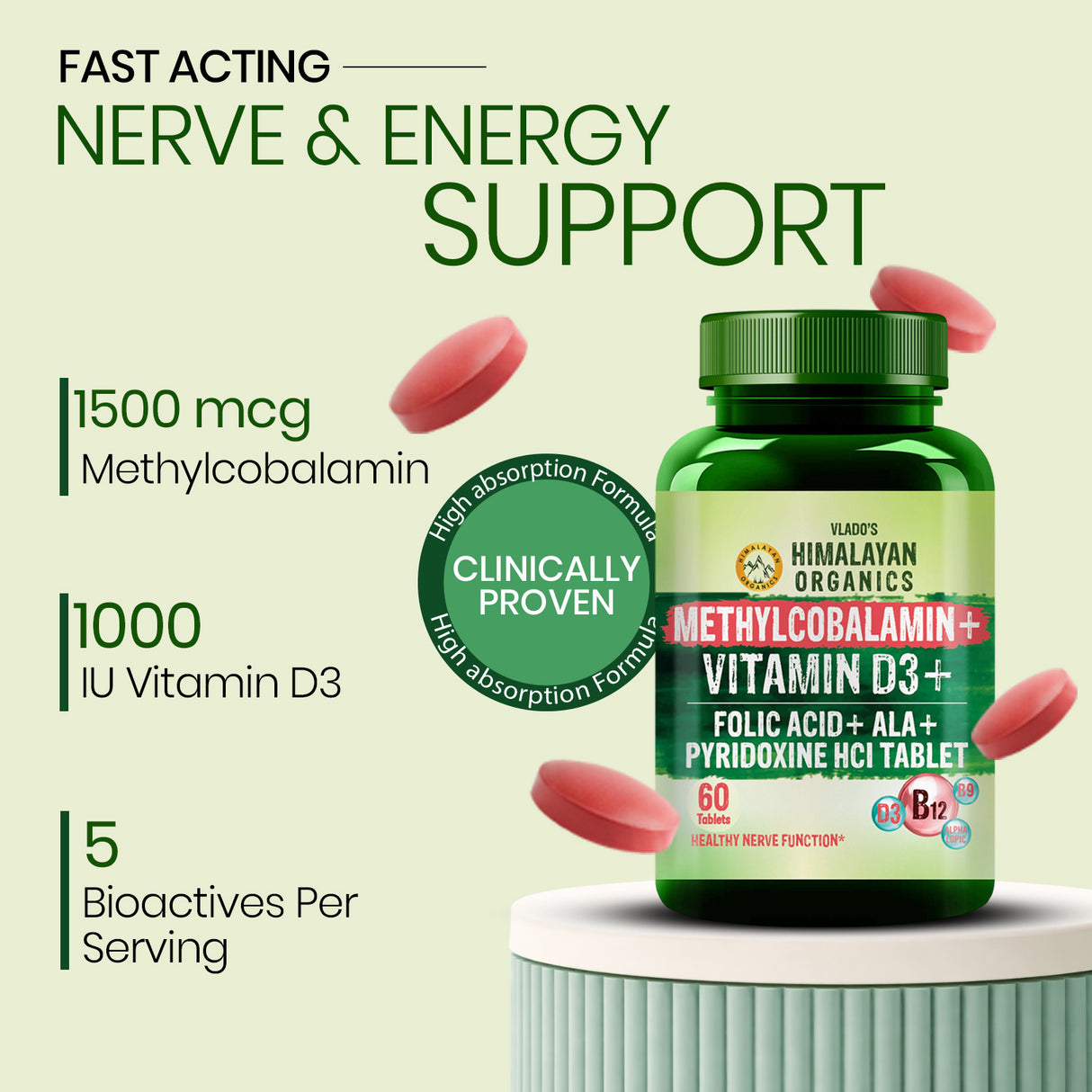 Vlado's Himalayan Organics Vitamin B12 1500mcg with Vitamin D3 | 60 Tablets | Energy & Nervous System Support