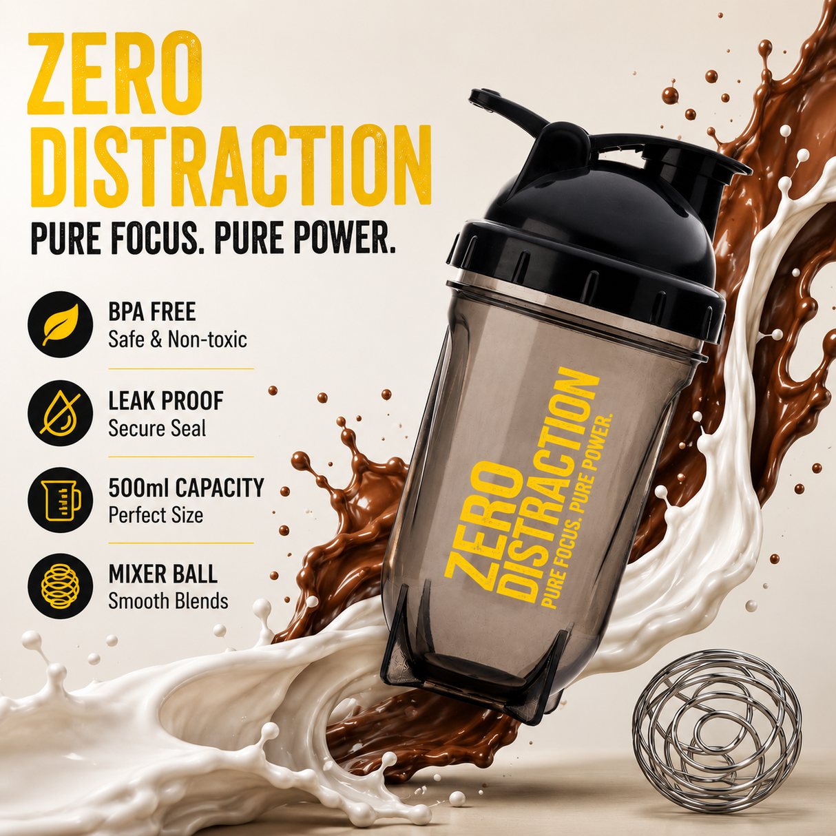 Gayor Essentials Zero Distraction Gym Shaker Bottle | 500ml | Black Yellow