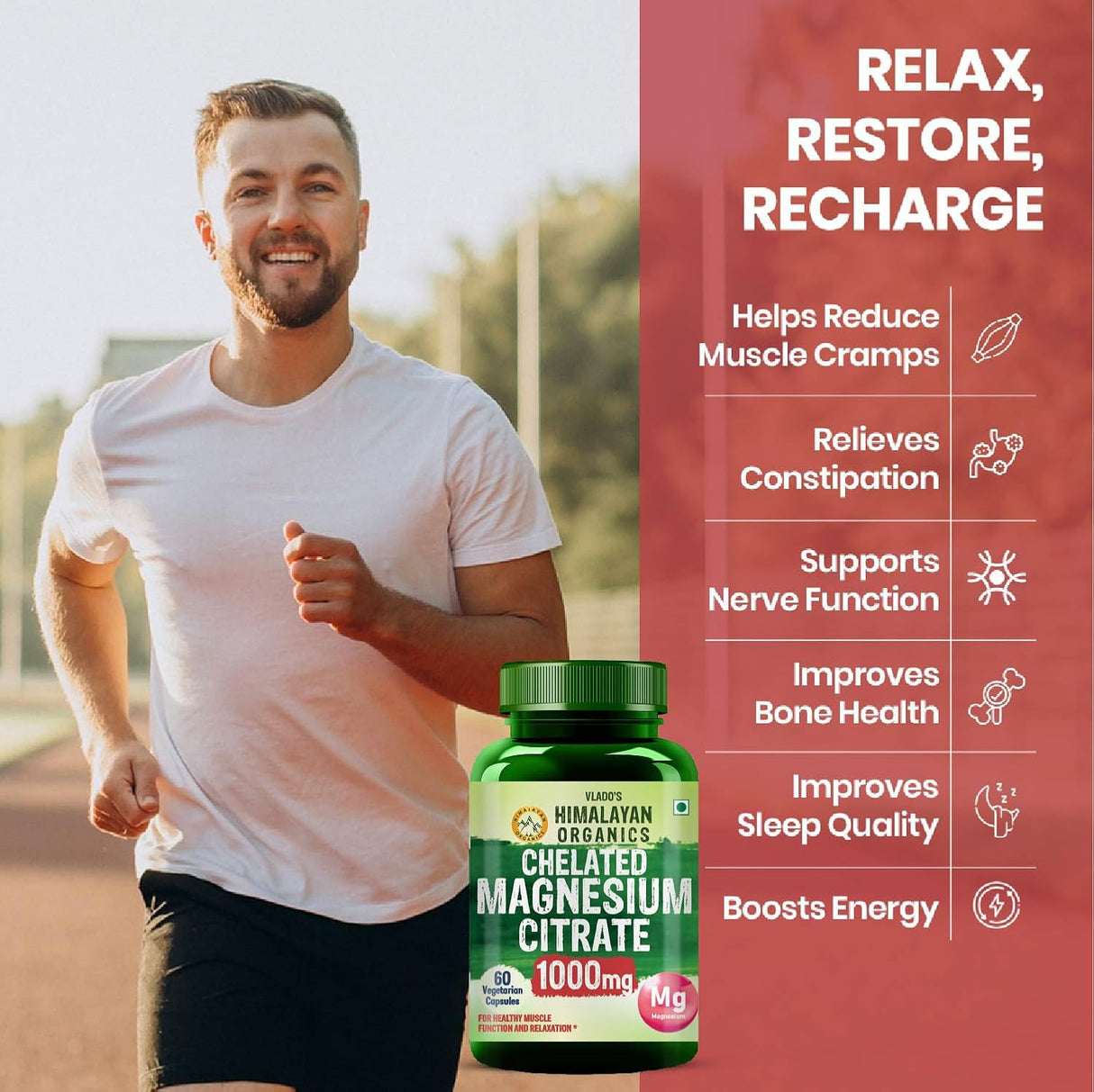 Vlado's Himalayan Organics Magnesium Citrate 1000mg | 60 Veg Capsules | Muscle Relaxation & Sleep Support