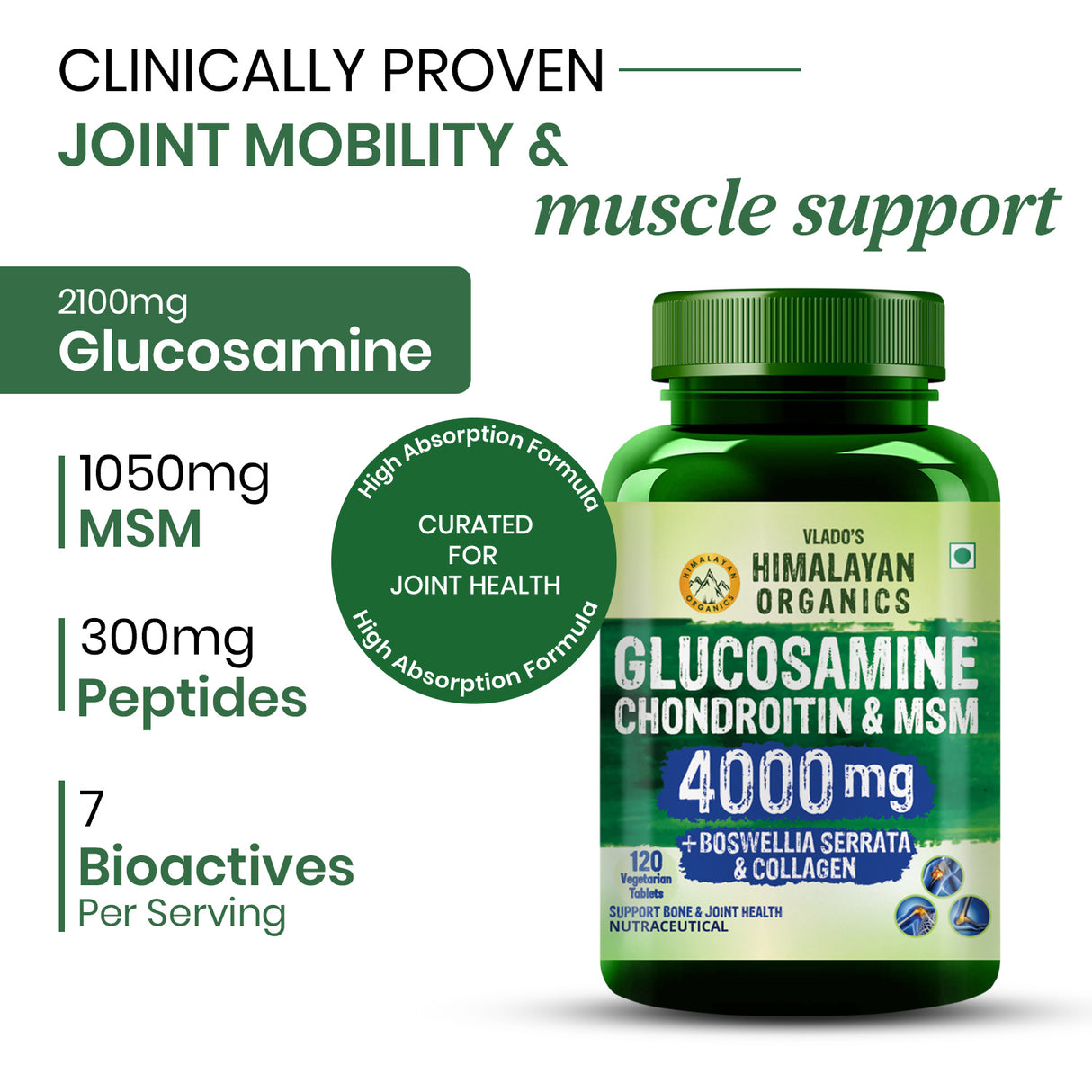 Vlado's Himalayan Organics Glucosamine Chondroitin MSM Tablets - Joint Support Supplement | 120 Vegetarian Tablets
