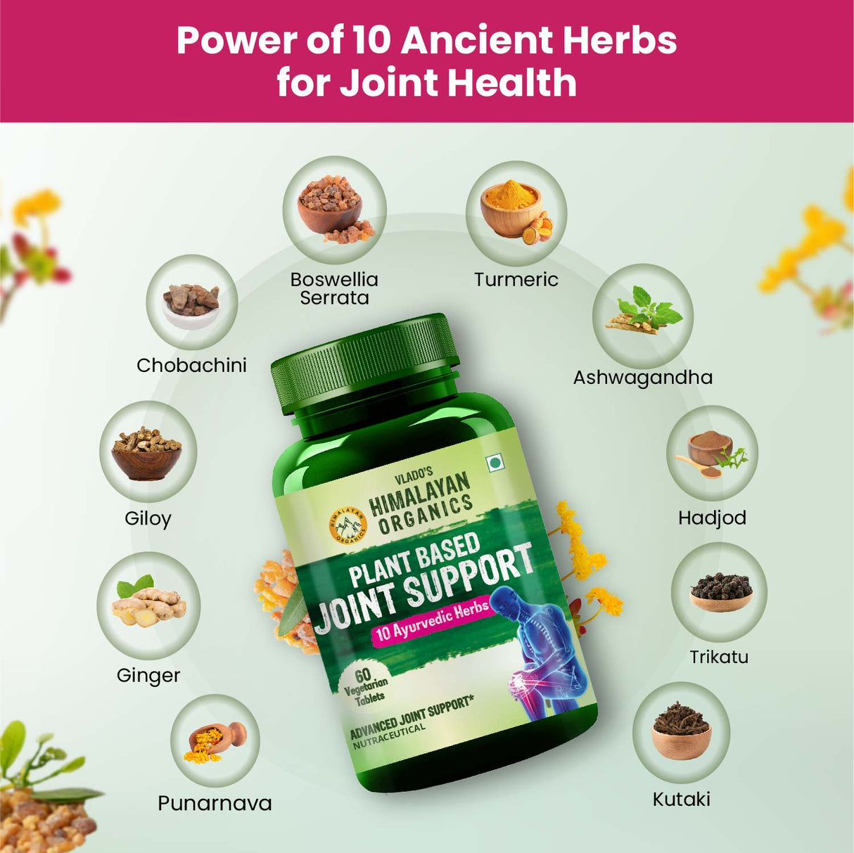 Vlado's Himalayan Organics, Plant Based Joint Support with Boswellia Ashwagandha - 60 Veg Tablets