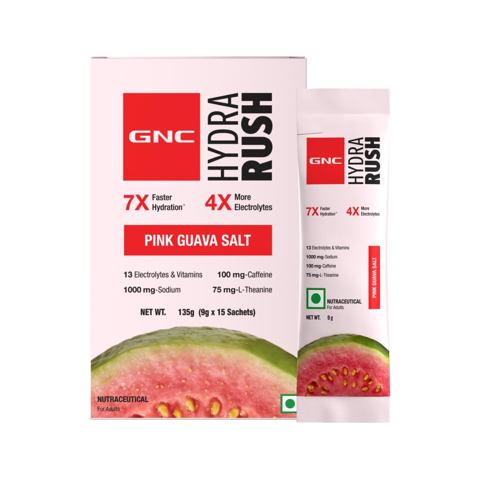 GNC HydraRush Advanced Hypotonic Hydration Formula | 13 Electrolytes, Vitamins & Himalayan Pink Salt | 135 gm | 15 Sachets