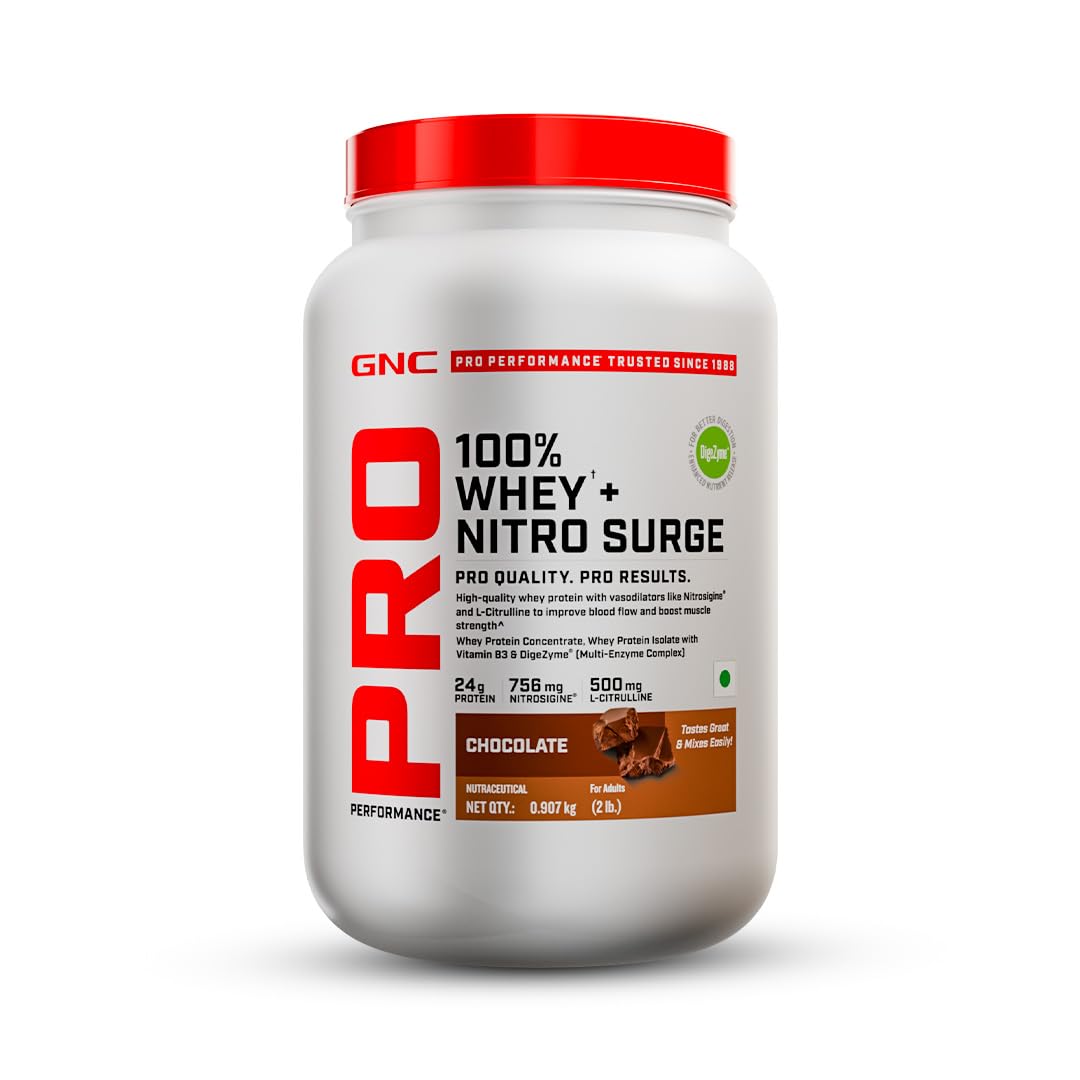GNC 100% Whey Protein with Nitro Surge, 24g Protein per Scoop | Nitrosigine & L-Citrulline | USA Formulated | 2 Lbs