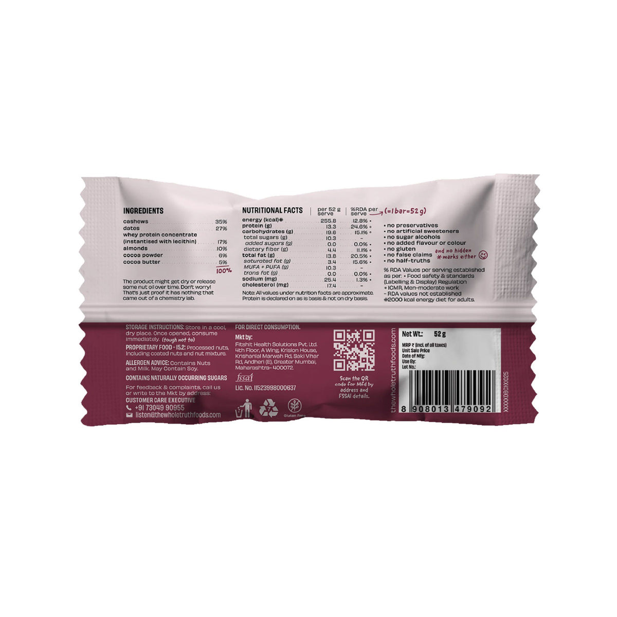 The Whole Truth - Protein Bars | Pack of 6 x 52g each | No Added Sugar | No Preservatives | No Artificial Sweeteners