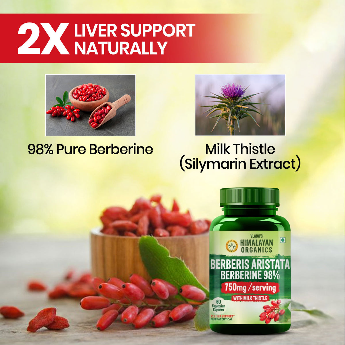 Vlado's Himalayan Organics, Berberine with Milk Thistle, 750mg - 60 Veg Capsules