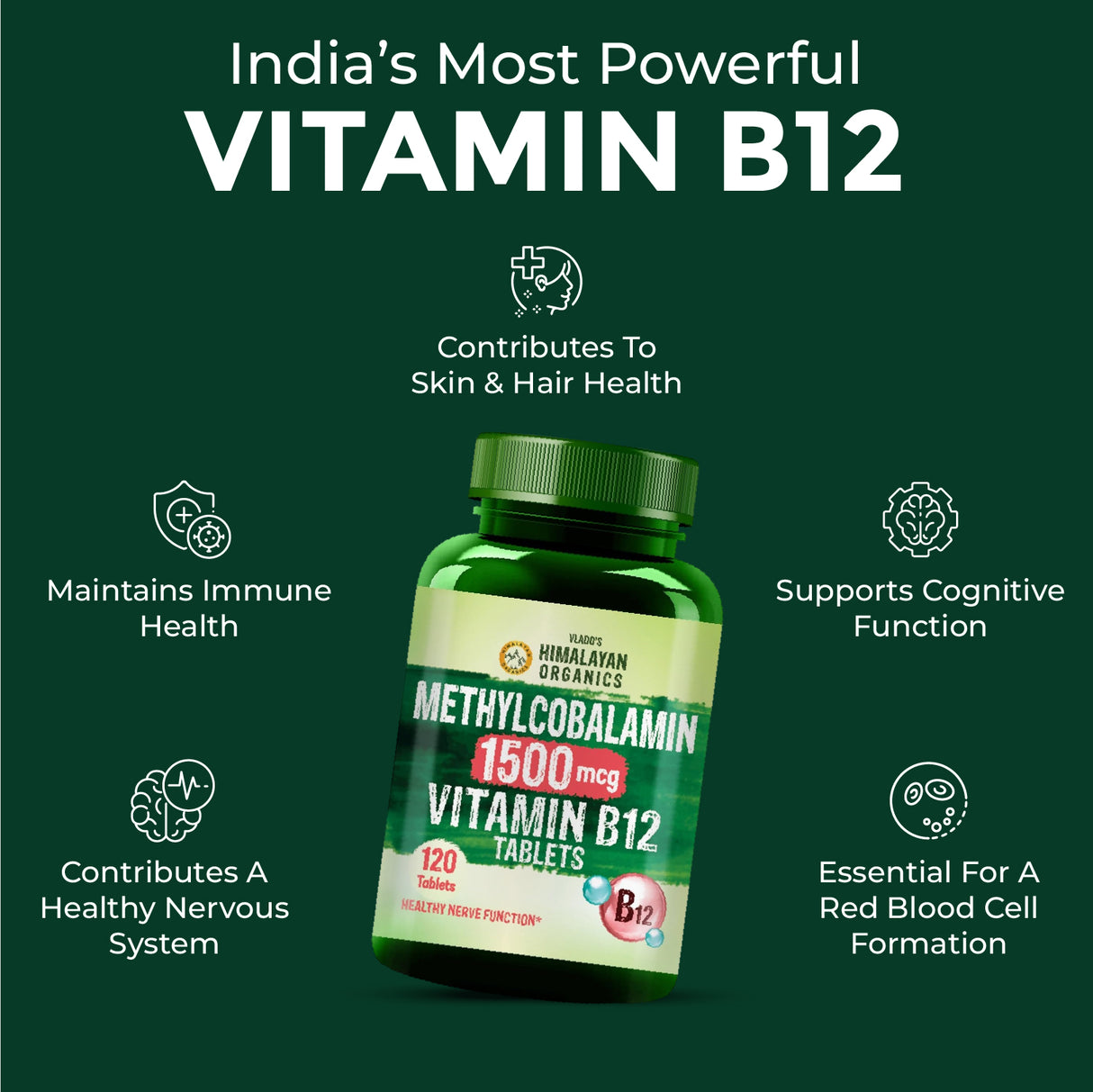 Vlado's Himalayan Organics Vitamin B12 1500mcg Tablets | 120 Veg Tablets | Methylcobalamin Supplement