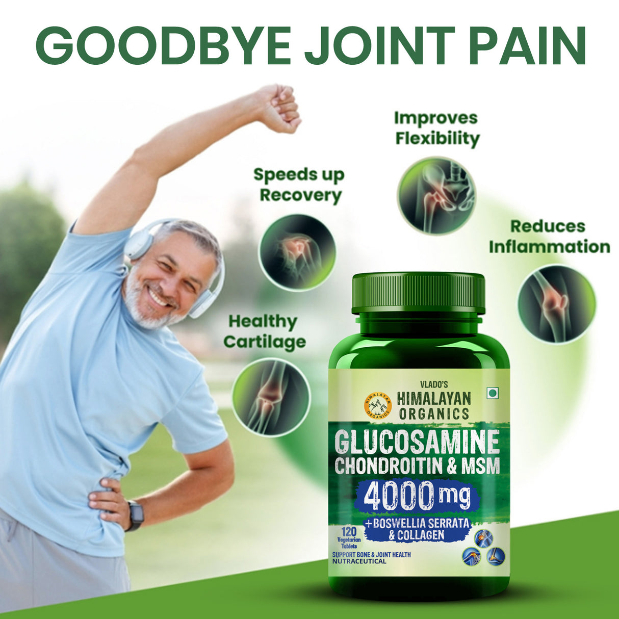 Vlado's Himalayan Organics Glucosamine Chondroitin MSM Tablets - Joint Support Supplement | 120 Vegetarian Tablets