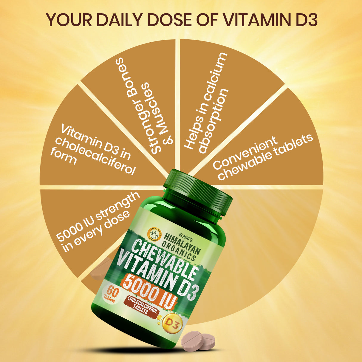 Vlado's Himalayan Organics Vitamin D3 5000 IU Chewable Tablets | 60 Tablets | Bone & Immunity Support