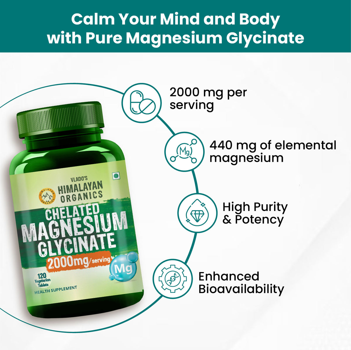 Vlado's Himalayan Organics, Chelated Magnesium Glycinate, 2000mg - 120 Veg Tablets
