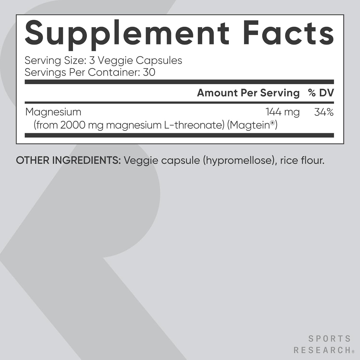 Sports Research Magnesium L-Threonate (Magtein) | 2000mg | 90 Capsules