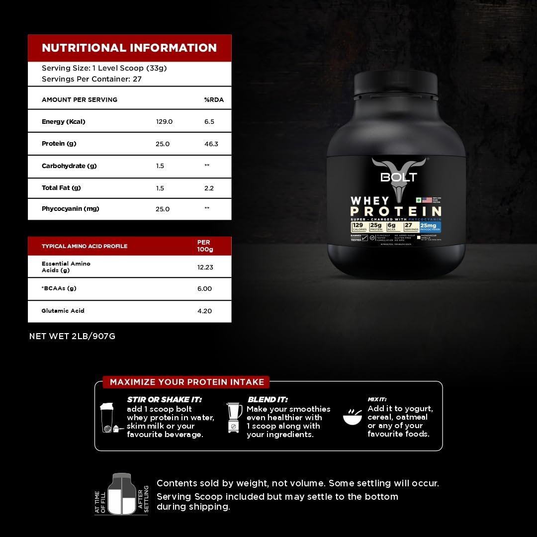 Bolt Nutrition 100% Whey Protein Powder | Muscle Recovery & Lean Muscle Support | 2lb, 27 Servings
