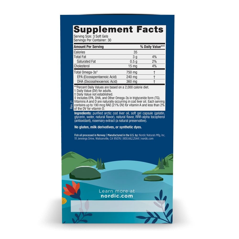 Nordic Naturals Arctic Cod Liver Oil | 750mg Omega-3 Fish Oil | EPA & DHA | 90 Softgels | 160g