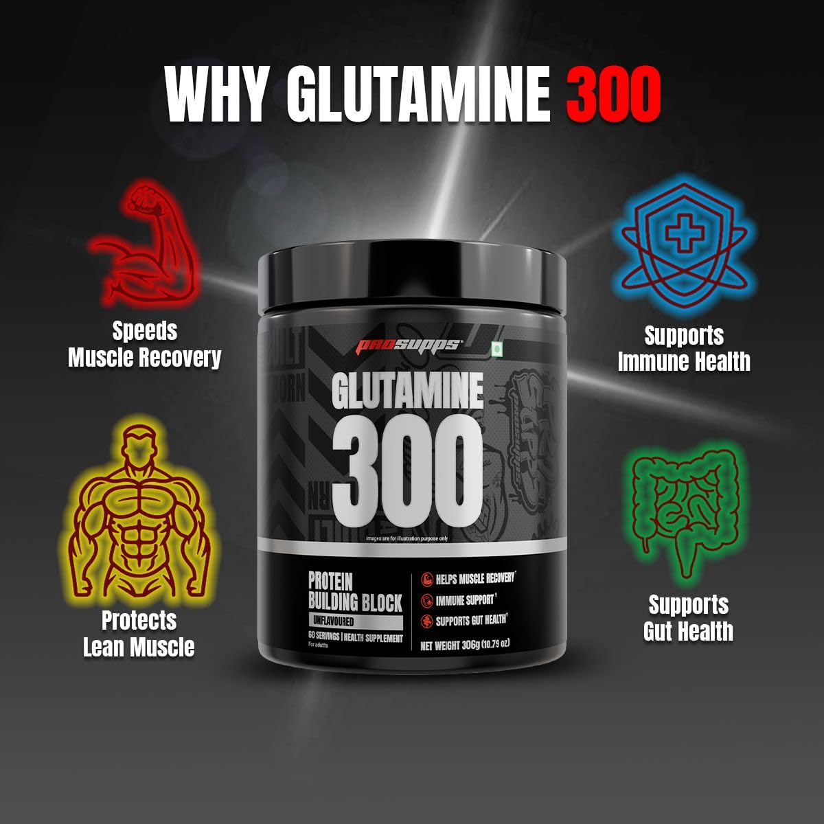 Prosupps Glutamine 300g Powder | Muscle Recovery & Immune Support Supplement | 60 Servings