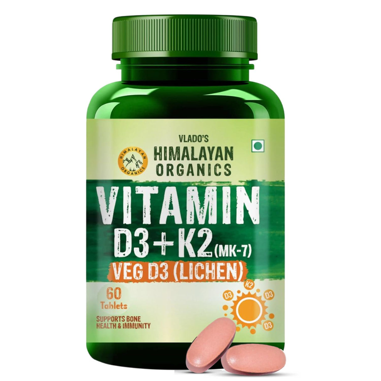 Vlado's Himalayan Organics Vitamin D3 600 IU + K2 MK7 55 mcg Tablets | Lichen-Sourced Plant-Based Formula | 60 Veg Tablets