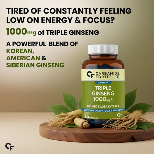 Carbamide Forte Triple Ginseng 1000mg Supplement with Ginkgo Biloba | Energy, Focus & Stamina Support