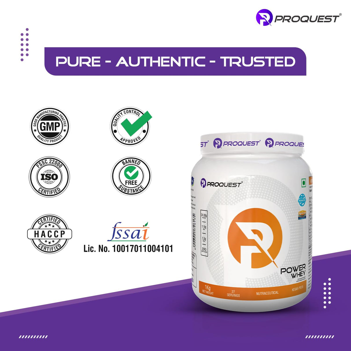 Proquest Power Whey Protein | 24g Protein Per Scoop | 5.3G Bcaa & 11.9G Eaa | Added Probiotics & Digezyme For Fast & Easy Digestion | 1 Kg