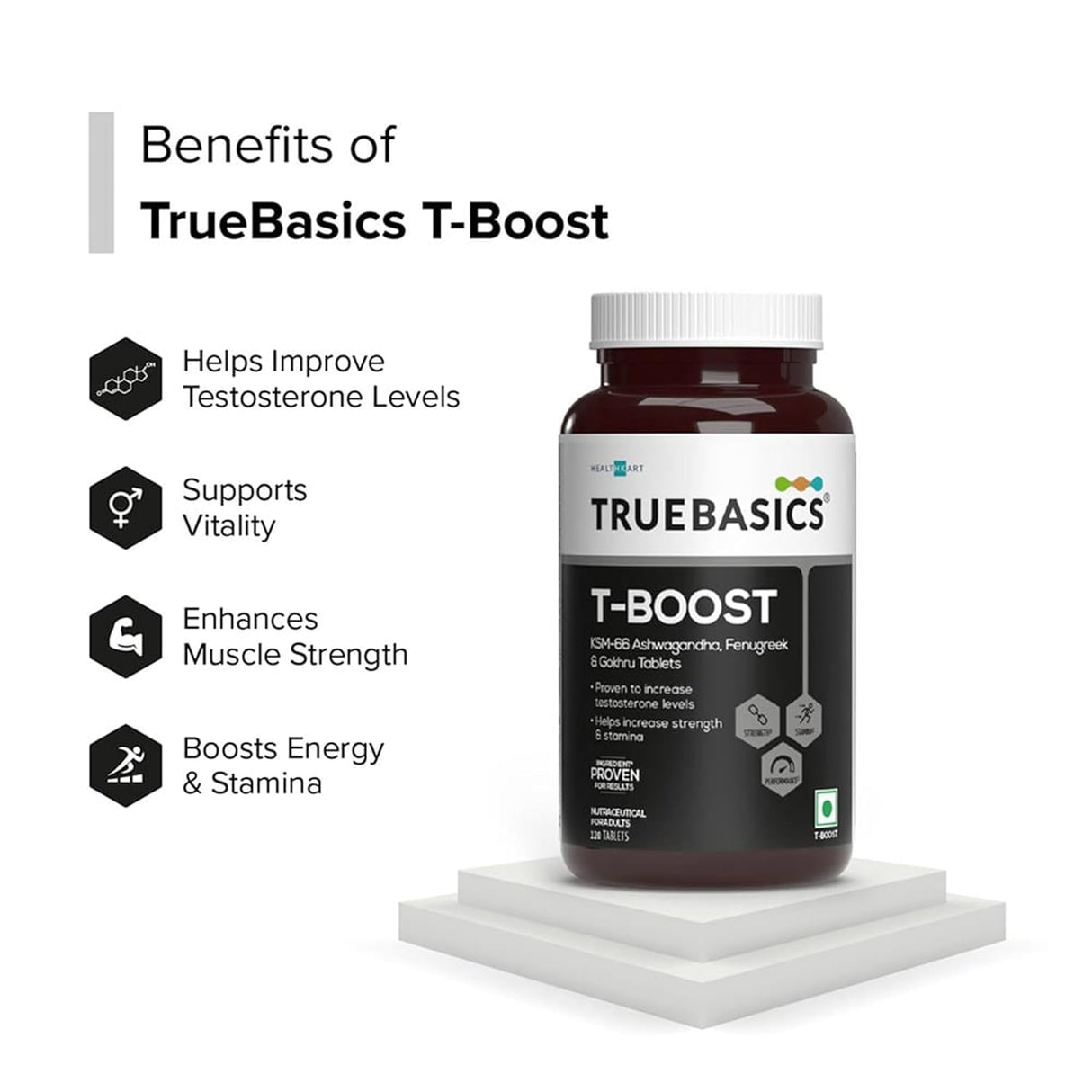 TrueBasics T-Boost for Men | KSM-66 Ashwagandha, Safed Musli, Gokshura & Ginseng | 120 Capsules