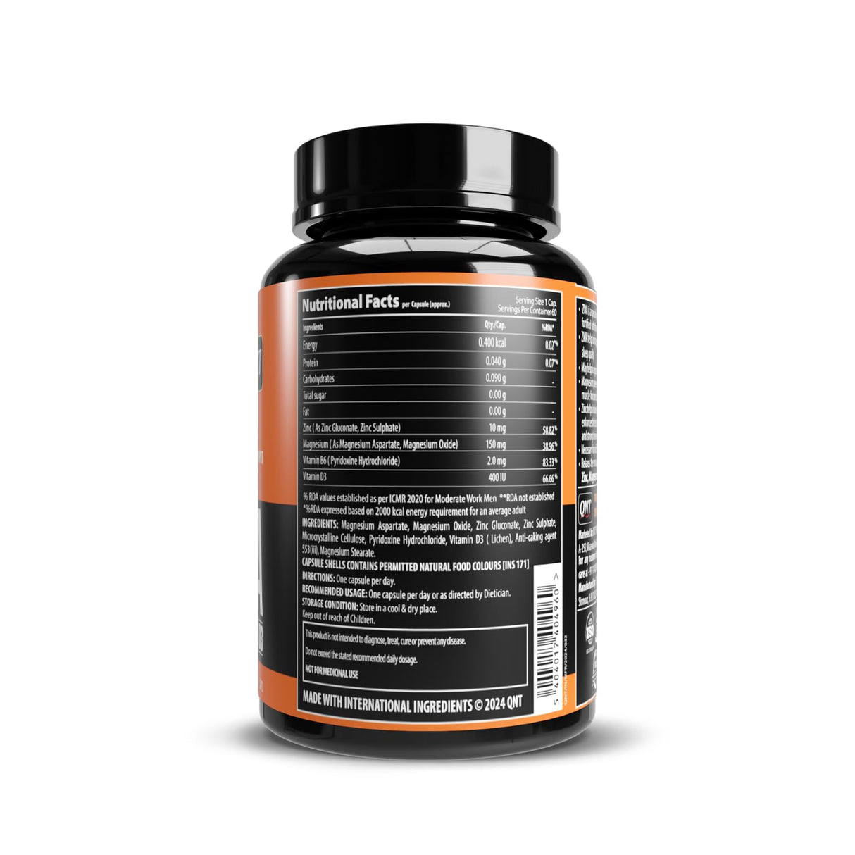 QNT ZMA Supplement with Zinc, Magnesium & Vitamin D3 - 60 Capsules | Muscle Recovery & Immunity Support