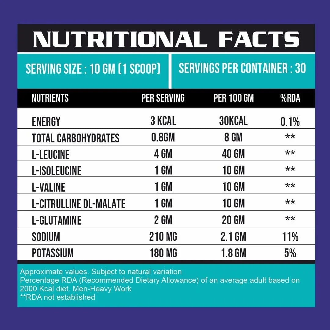 Ripped Up Nutrition BCAA Powder with Glutamine & Citrulline | Lean Muscle Growth, Strength & Quick Re-Hydration | 300gm, 30 Servings