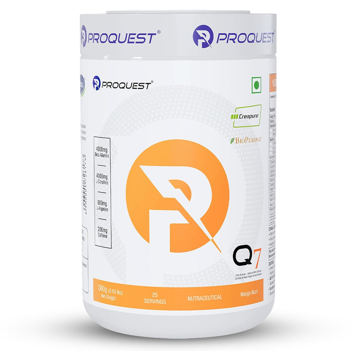 Proquest Nutrition Q7 Pre-Workout | Beta Alanine 4000 Mg, L-Arginine 600 Mg, Creapure 750Mg, Caffeine 200Mg | Muscle Pump, Performance, Focus & Endurance | 300 Gm