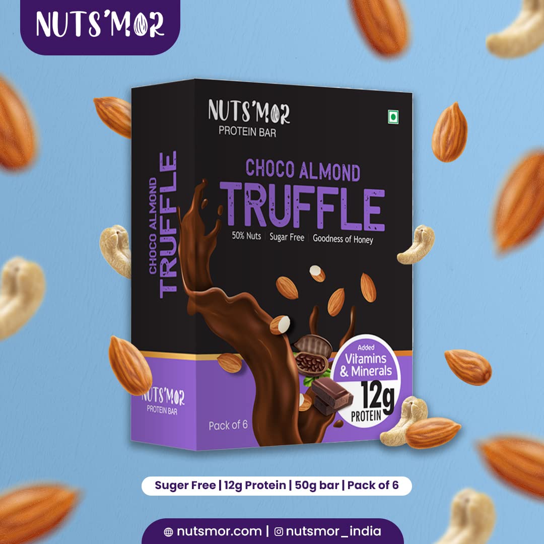 NUTS'MOR Protein Bar – 12g Protein Per Bar (Pack of 6, 300g) | No Added Sugar | 100% Veg | With Vitamins, Minerals & Fibre