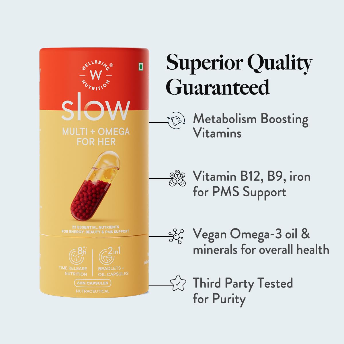 Wellbeing Nutrition Slow Multi+Omega for Her | Skin Radiance, Energy, Metabolism, PMS | 60 Veg Capsules