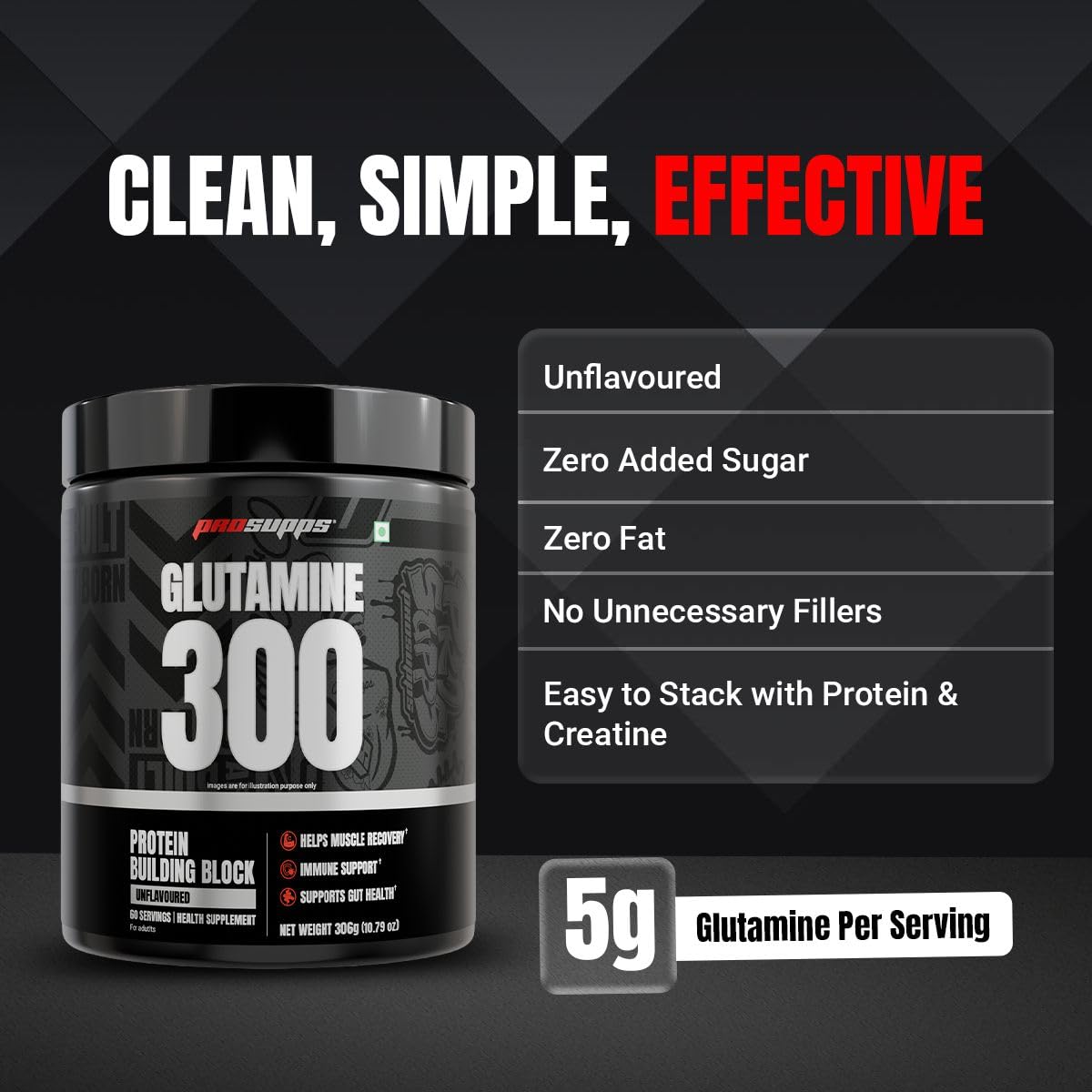 Prosupps Glutamine 300g Powder | Muscle Recovery & Immune Support Supplement | 60 Servings