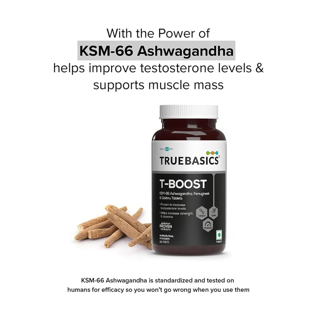 TrueBasics T-Boost for Men | KSM-66 Ashwagandha, Safed Musli, Gokshura & Ginseng | 120 Capsules