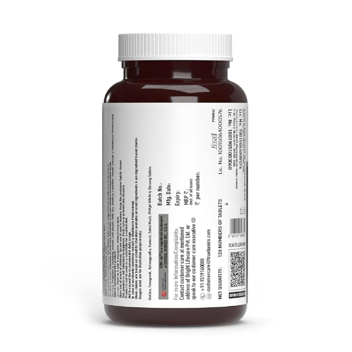 TrueBasics T-Boost for Men | KSM-66 Ashwagandha, Safed Musli, Gokshura & Ginseng | 120 Capsules