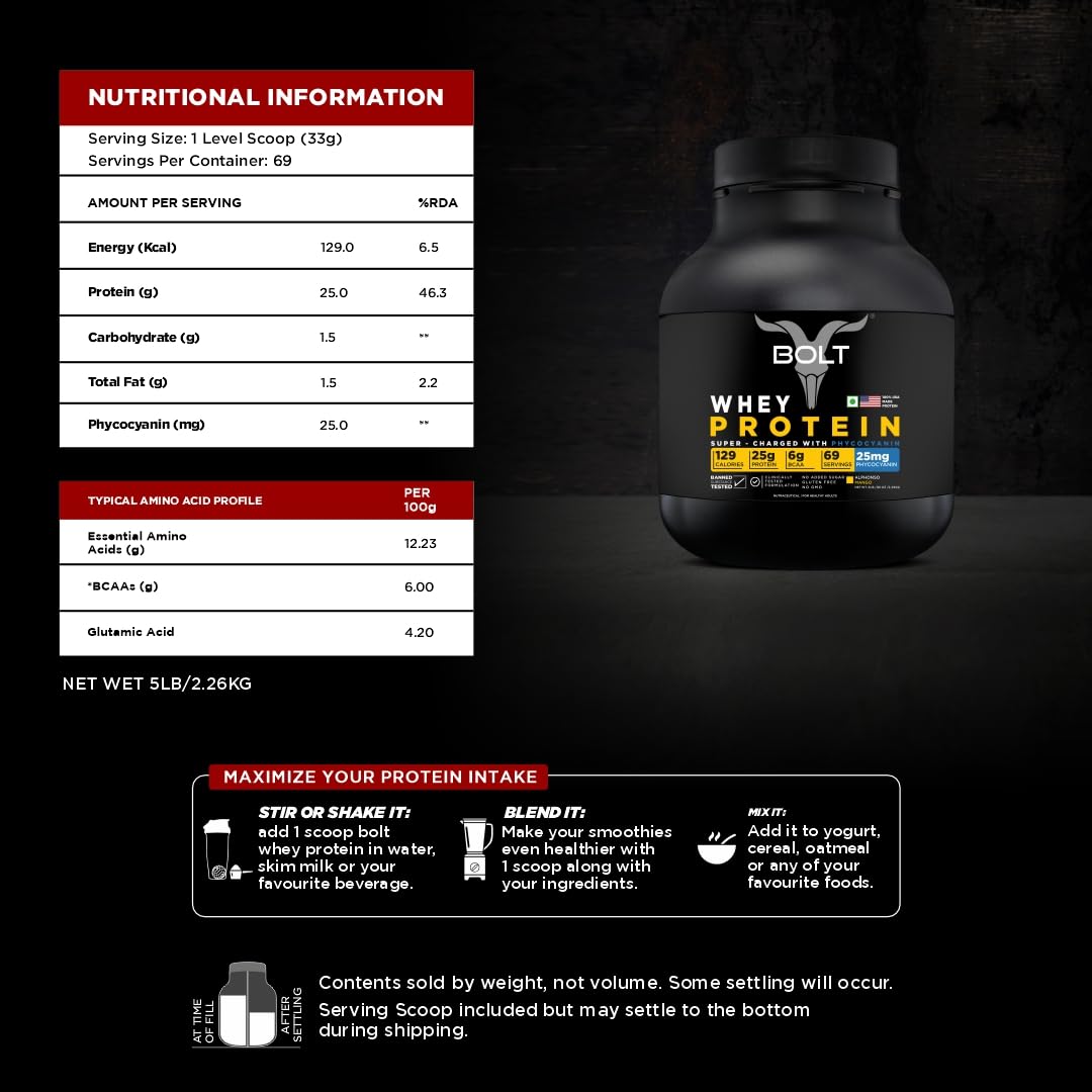 Bolt Nutrition 100% Whey Protein Powder | Muscle Recovery & Lean Muscle Support | 5lbs, 69 Servings