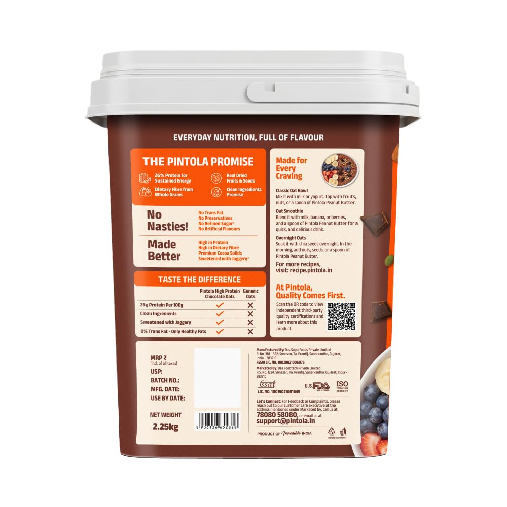 Pintola High Protein Dark Chocolate Oats | 26g Protein | Almonds, Raisins, Pumpkin & Chia Seeds | 2.5kg