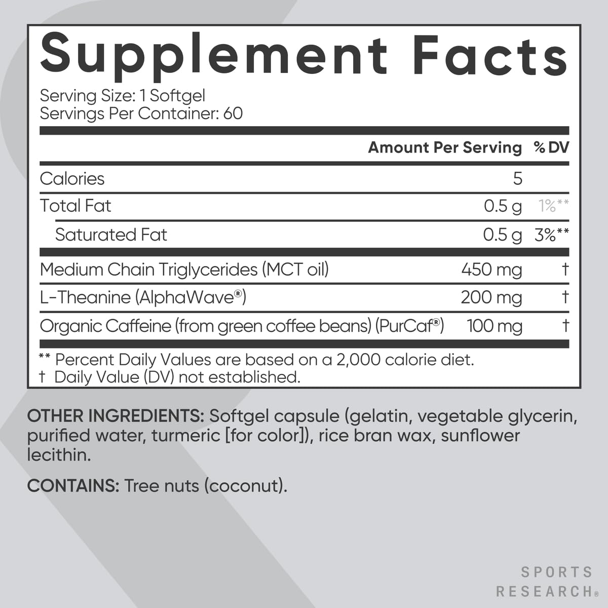 Sports Research L-Theanine 200mg & Caffeine with Coconut MCT Oil | 60 Softgels