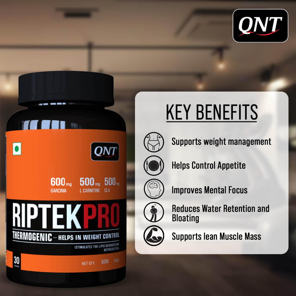 QNT RIPTEK PRO | 600mg Garcinia, 500mg L-Carnitine, 500mg CLA | Helps in Weight Control | 60 Tabs