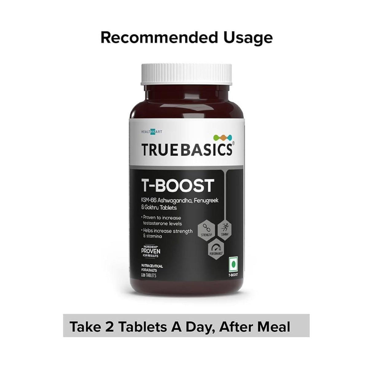 TrueBasics T-Boost for Men | KSM-66 Ashwagandha, Safed Musli, Gokshura & Ginseng | 120 Capsules