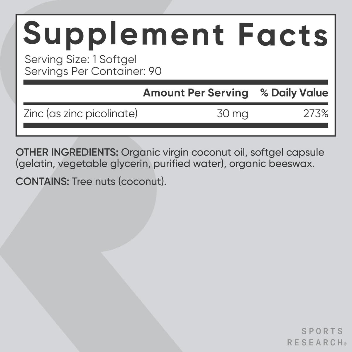 Sports Research Zinc Picolinate High Potency 30mg | 90 Liquid Softgels