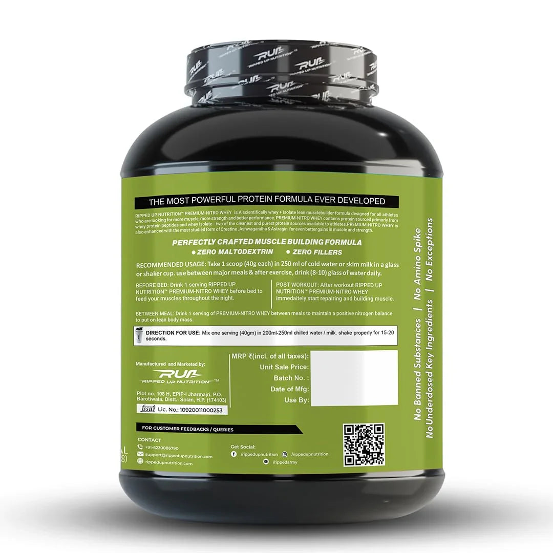 Ripped Up Nutrition Premium Nitro Whey Protein | Lean Muscle Support & Recovery | 2Kg, 50 Servings