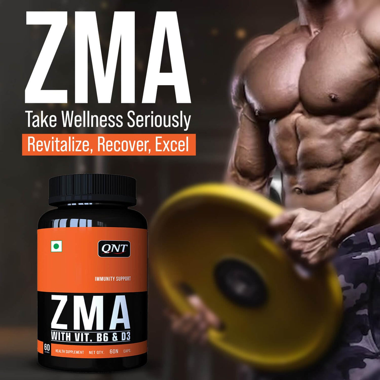 QNT ZMA Supplement with Zinc, Magnesium & Vitamin D3 - 60 Capsules | Muscle Recovery & Immunity Support