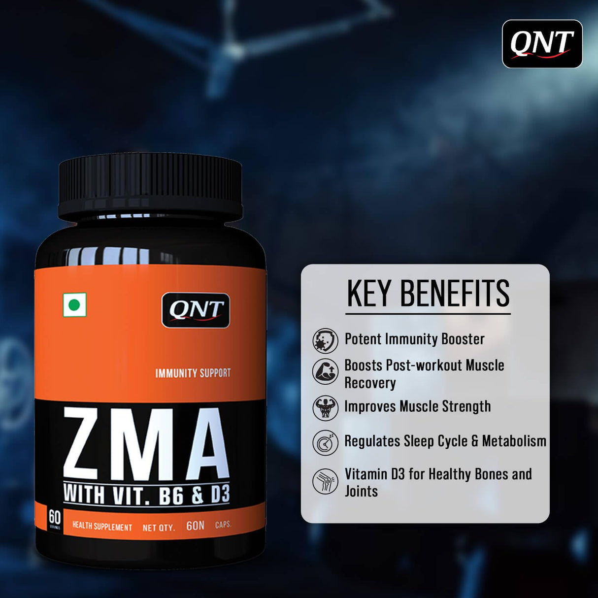 QNT ZMA Supplement with Zinc, Magnesium & Vitamin D3 - 60 Capsules | Muscle Recovery & Immunity Support