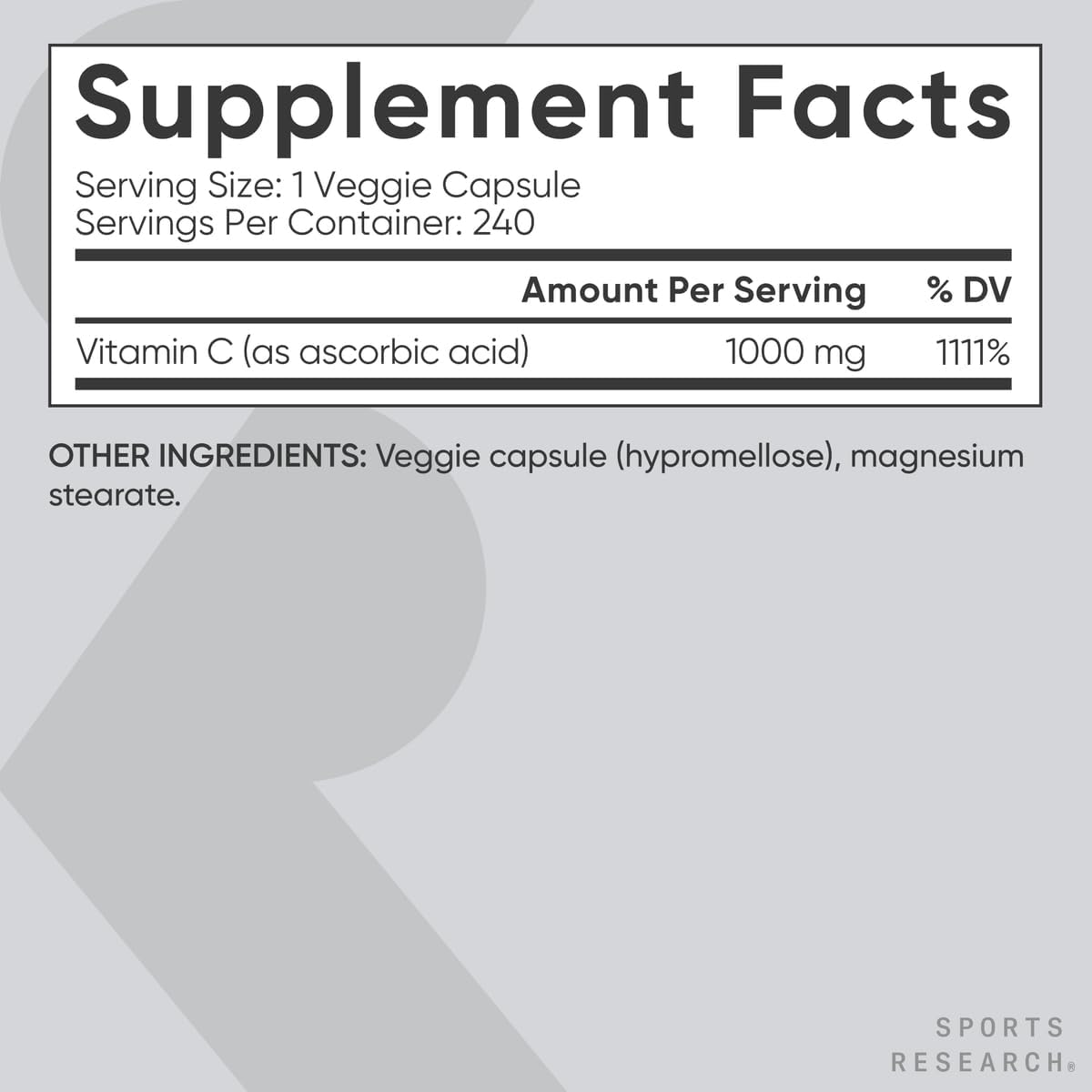 Sports Research Vitamin C 1000mg (Ascorbic Acid) | 240 Veggie Capsules