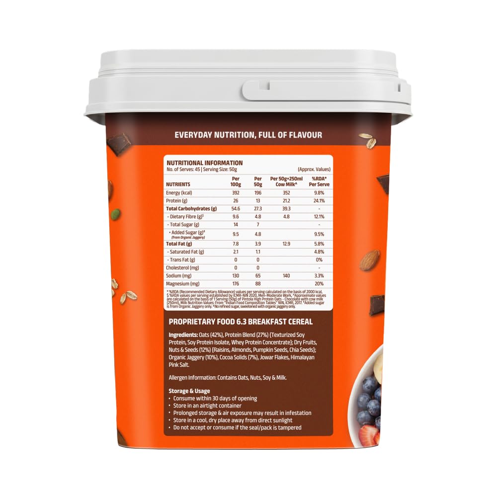 Pintola High Protein Dark Chocolate Oats | 26g Protein | Almonds, Raisins, Pumpkin & Chia Seeds | 2.5kg