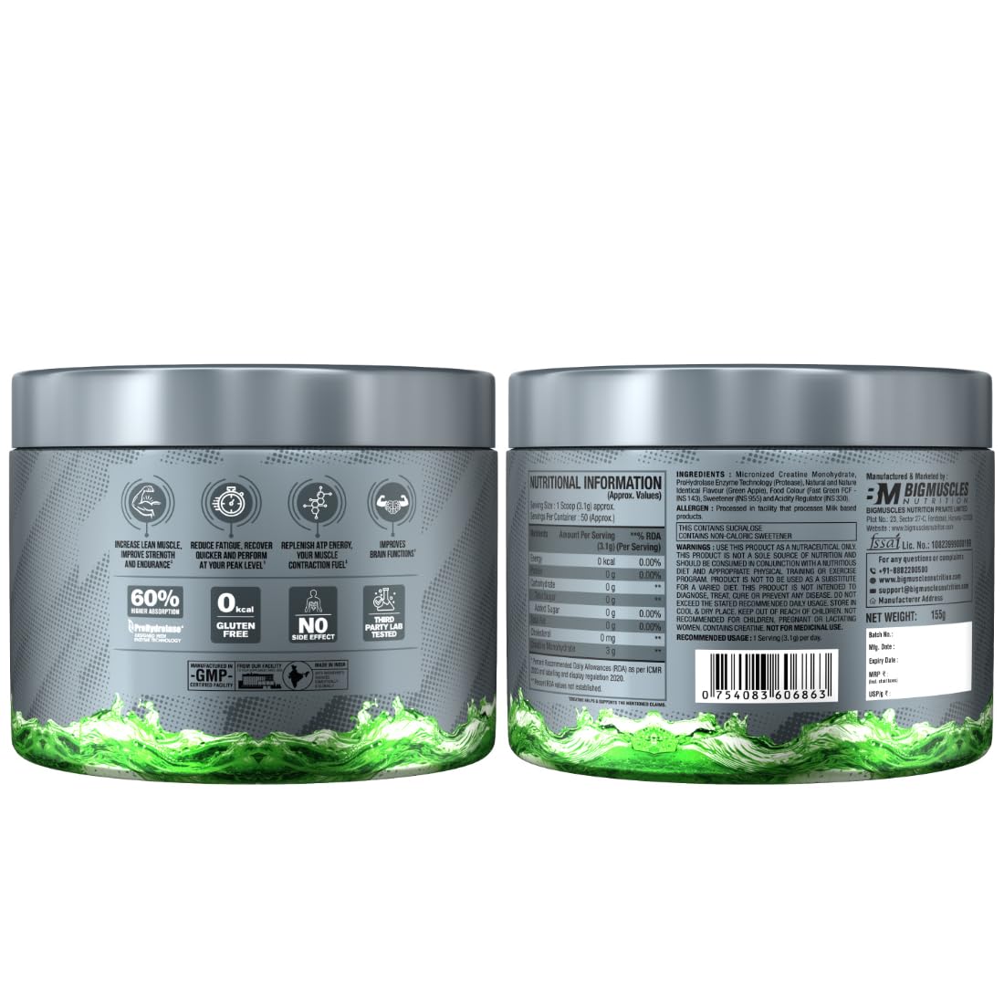 Big Muscles Nutrition Micronised Creatine Monohydrate Powder 155g - 50 Servings