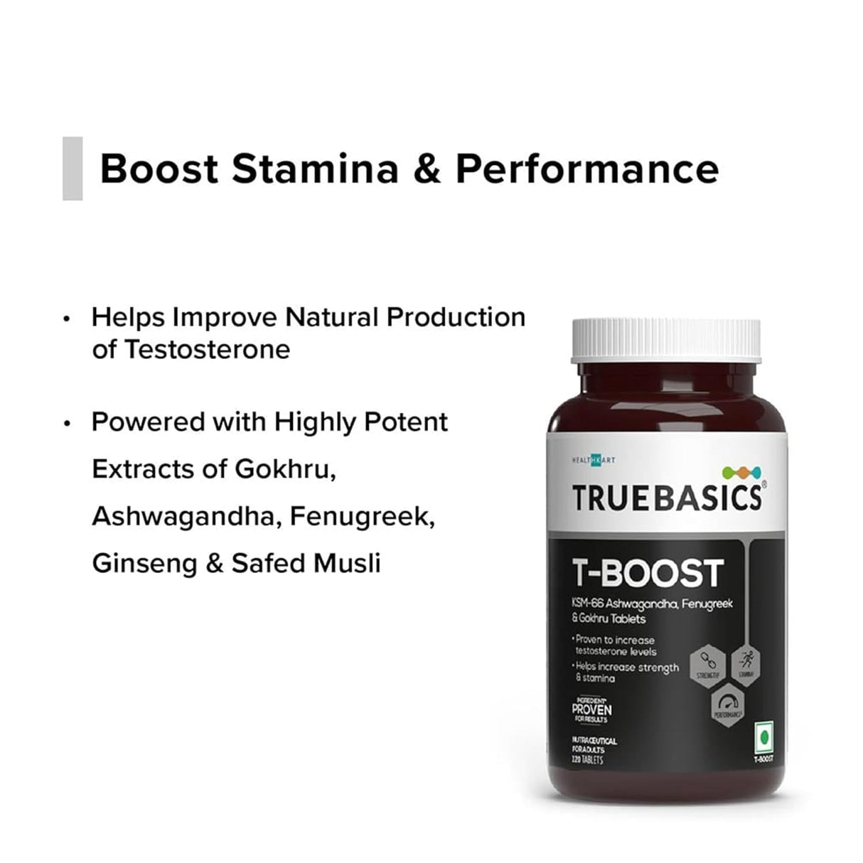 TrueBasics T-Boost for Men | KSM-66 Ashwagandha, Safed Musli, Gokshura & Ginseng | 120 Capsules