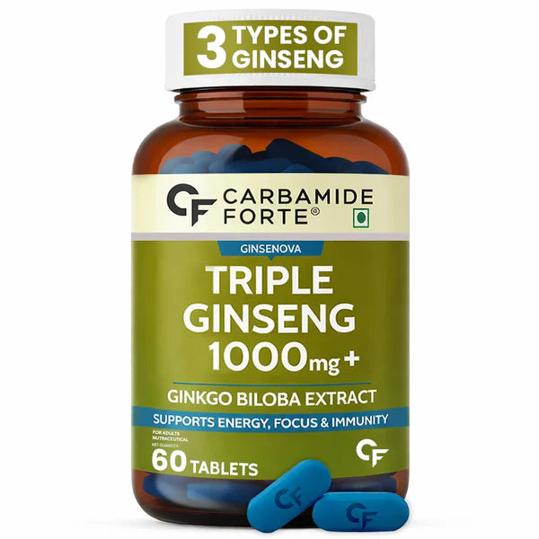 Carbamide Forte Triple Ginseng 1000mg Supplement with Ginkgo Biloba | Energy, Focus & Stamina Support