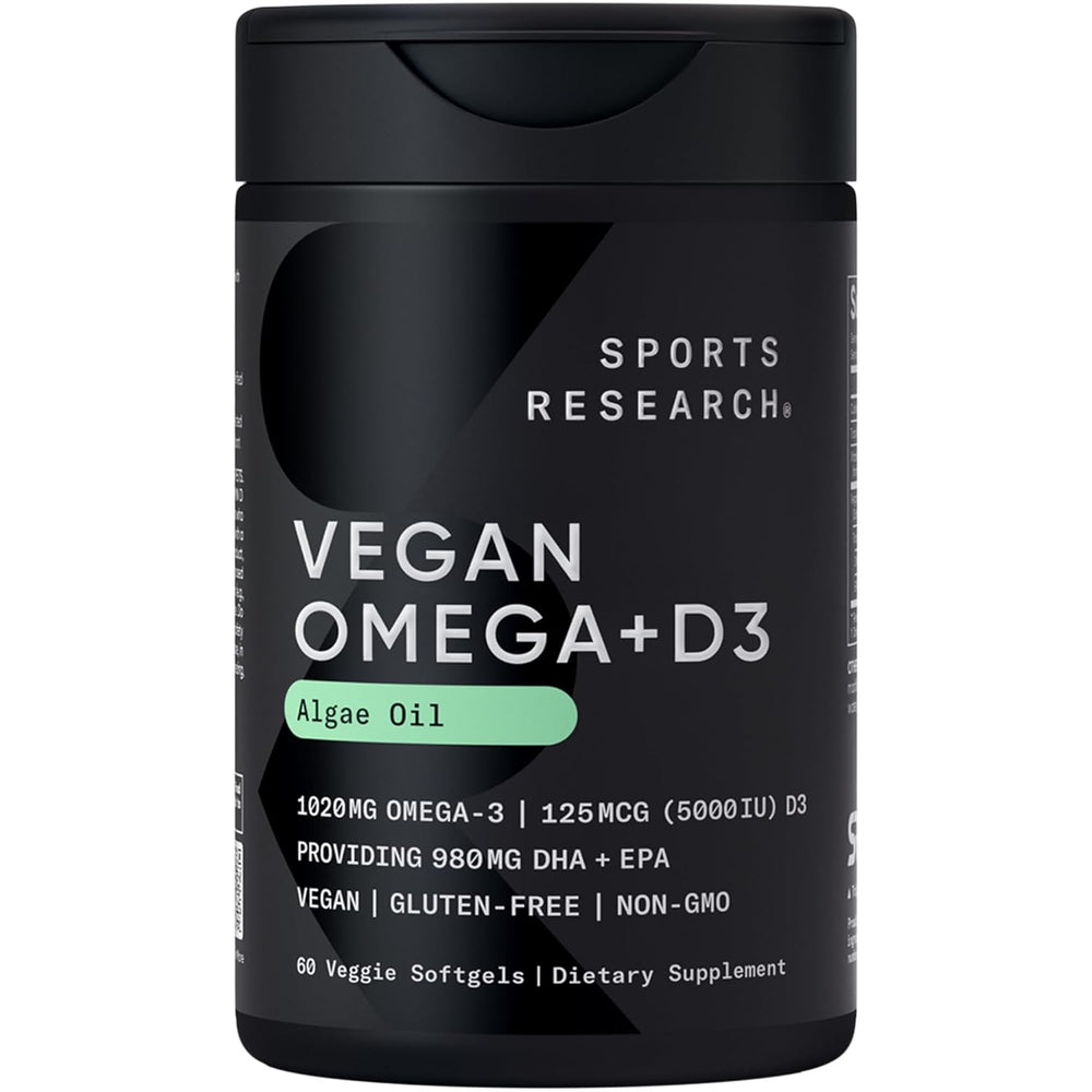 Sports Research Vegan Omega + D3 with Algae Oil | 1020mg | 60 Veggie Softgels