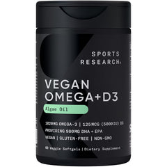 Sports Research Vegan Omega + D3 with Algae Oil | 1020mg | 60 Veggie Softgels