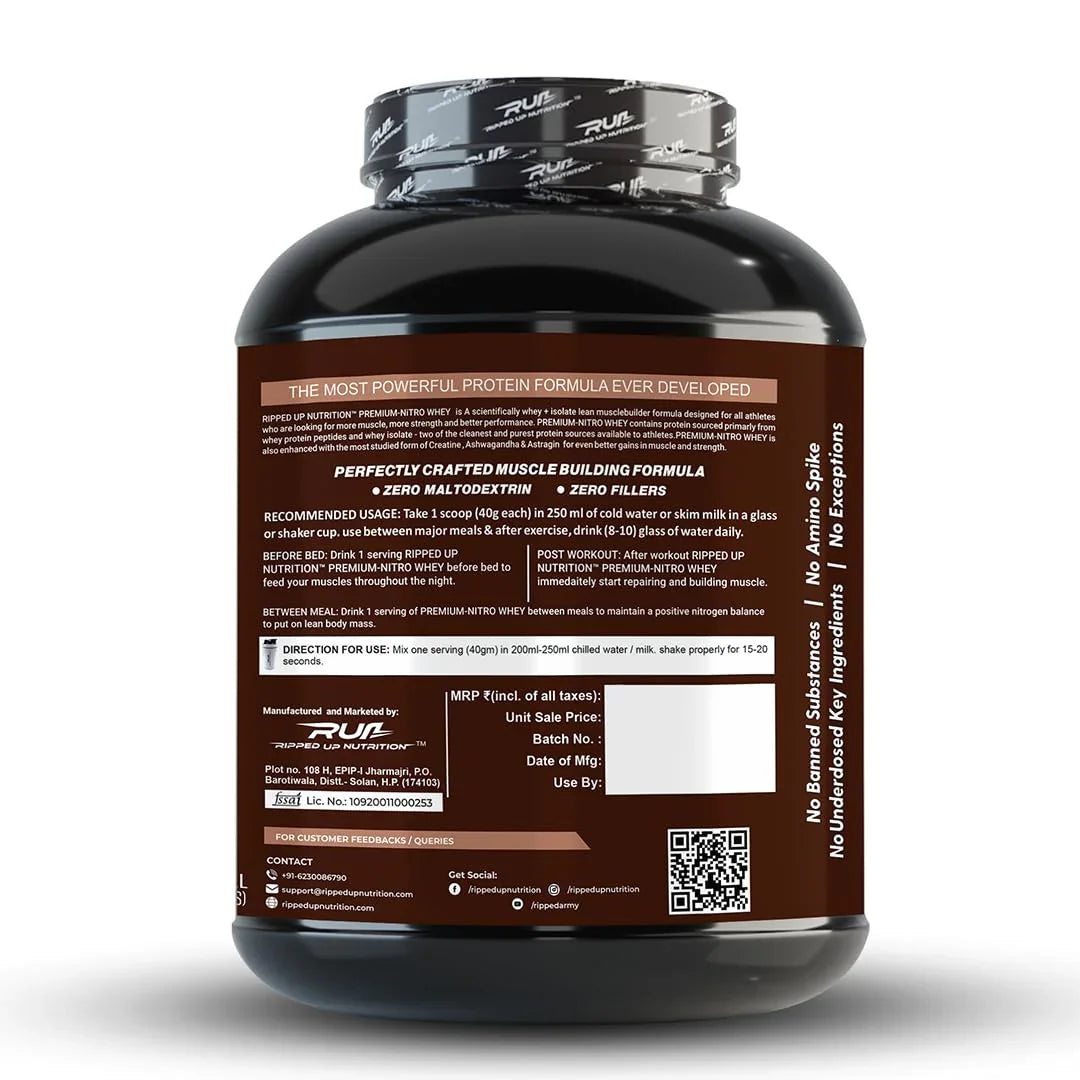 Ripped Up Nutrition Premium Nitro Whey Protein | Lean Muscle Support & Recovery | 2Kg, 50 Servings